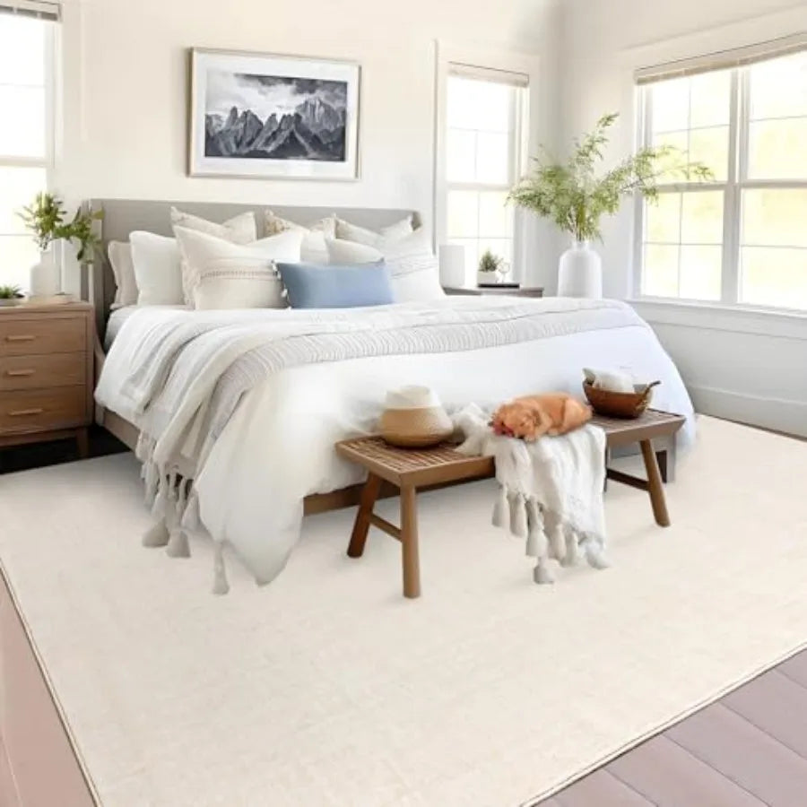 Living room 9x12 washable area rug, faux wool, neutral beige, ultra-soft non-slip non-shedding low-pile modern print carpet for