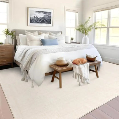 Living room 9x12 washable area rug, faux wool, neutral beige, ultra-soft non-slip non-shedding low-pile modern print carpet for