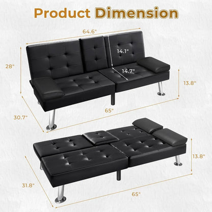 Futon Sofa Bed Modern Faux Leather Couch Bed Convertible Folding Recliner for Living Room with 2 Cup Holders and Armrest