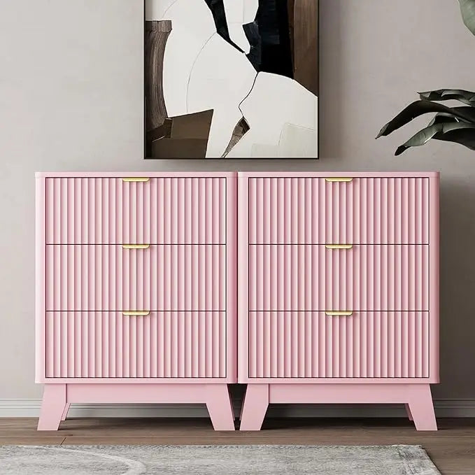 Night Stand Set 2,Mid Century Modern Fluted Wood Nightstand with Drawers & Metal Handles, Farmhouse Nightstand for Bedroom