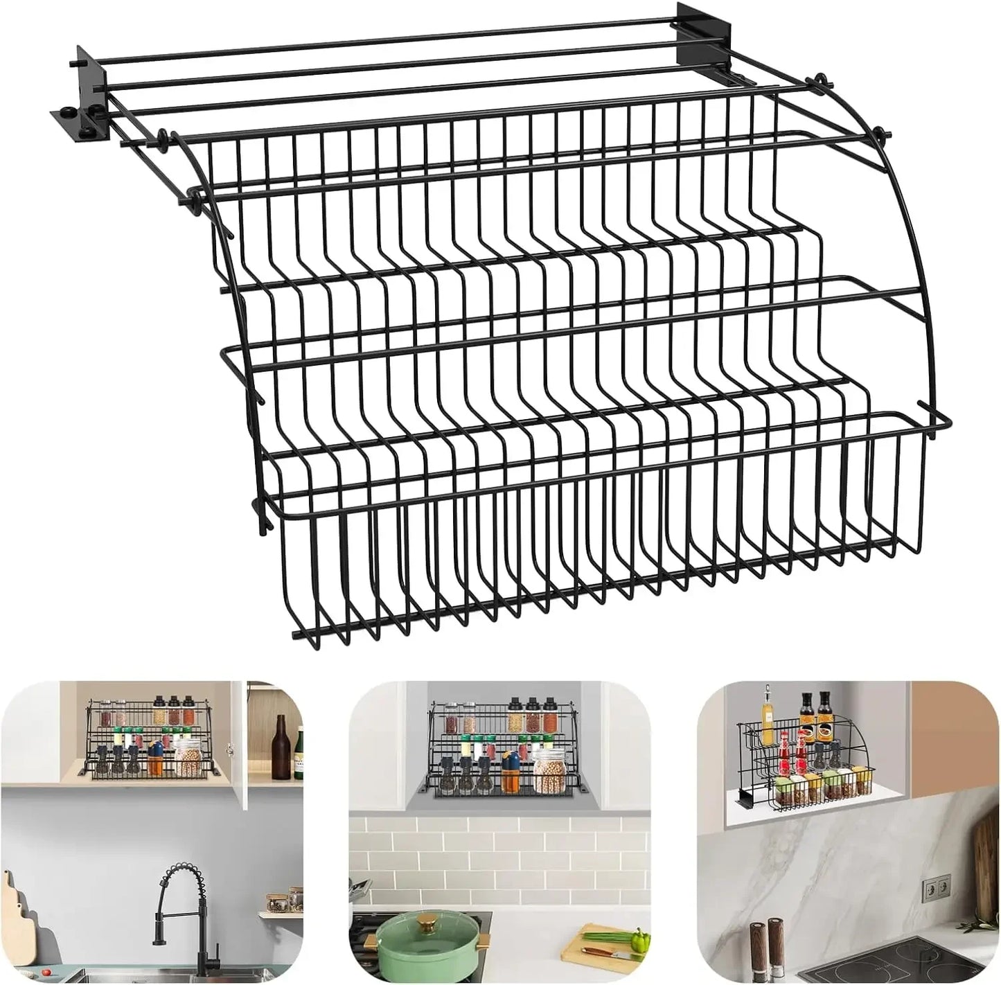 3Tier Adjustable Pull Down Spice Rack,Large Capacity Kitchen Storage Shelf Organizer Heightened Guardrail&Enlarged Mounting