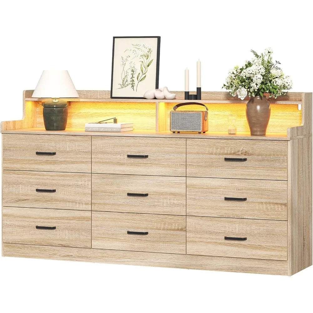 9 Drawer Dresser with Built-in Power Outlet, Mid Century Modern ,63'' Triple Wide