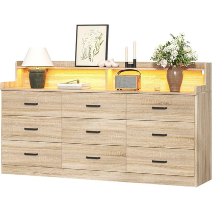 9 Drawer Dresser with Built-in Power Outlet, Mid Century Modern ,63'' Triple Wide
