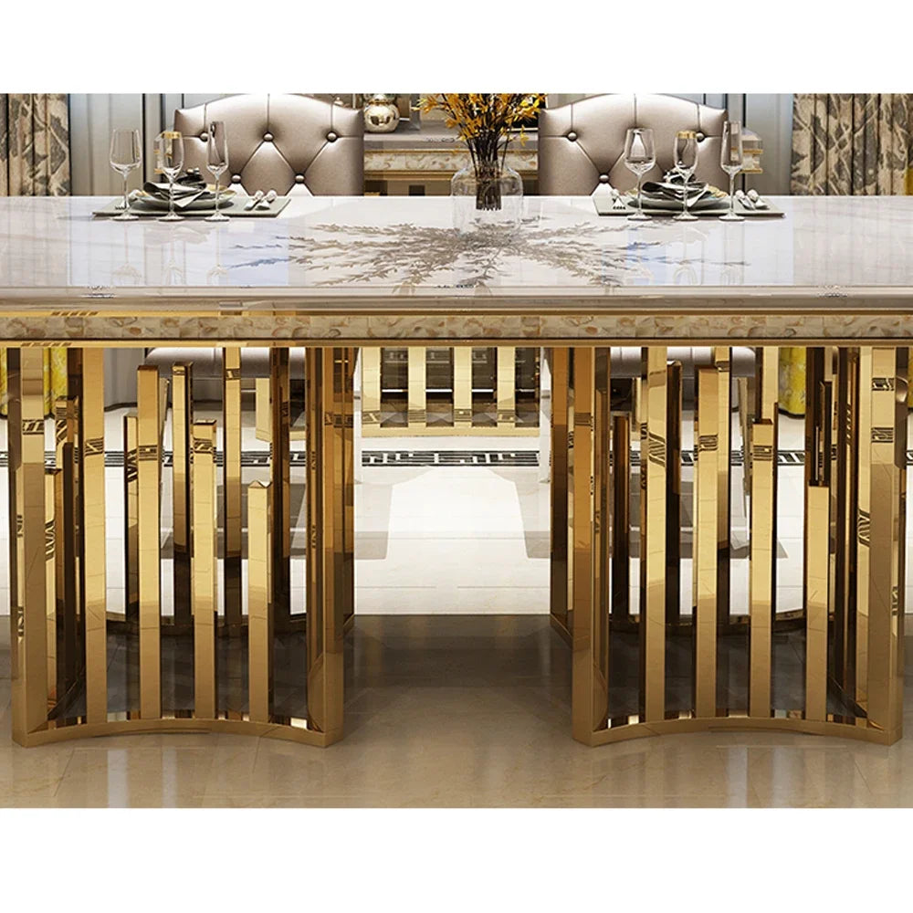 Luxury Marble Dining Table Set with Gold Stainless Steel Frame, Dining Room Table with Sea Shell and High-Back Chairs