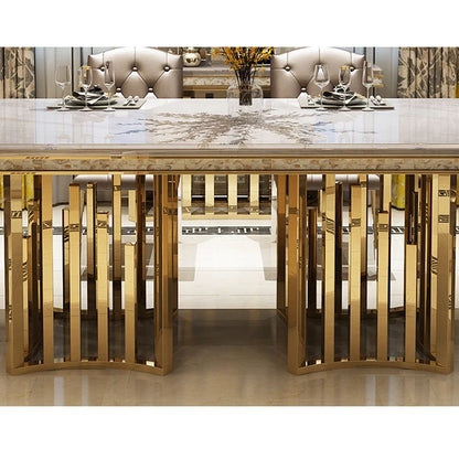 Luxury Marble Dining Table Set with Gold Stainless Steel Frame, Dining Room Table with Sea Shell and High-Back Chairs