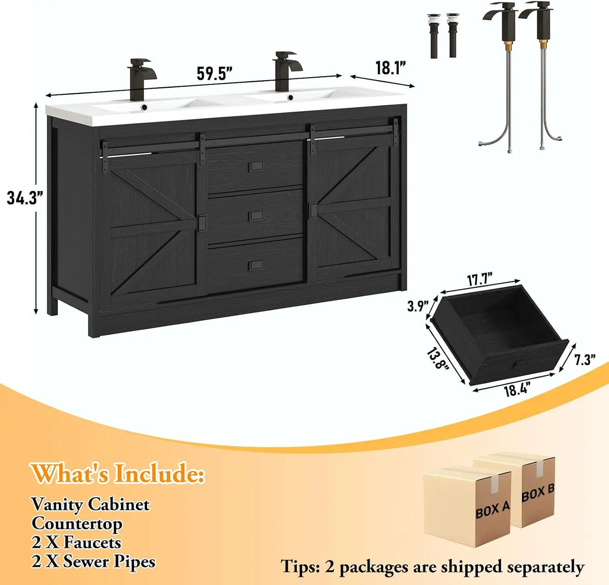 Double Bathroom Vanity with Sink & Faucet & Sewer Pipes,59" Farmhouse Bathroom Vanity Cabinet Set with 3 Storage Drawers &