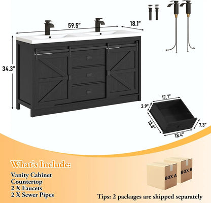 Double Bathroom Vanity with Sink & Faucet & Sewer Pipes,59" Farmhouse Bathroom Vanity Cabinet Set with 3 Storage Drawers &