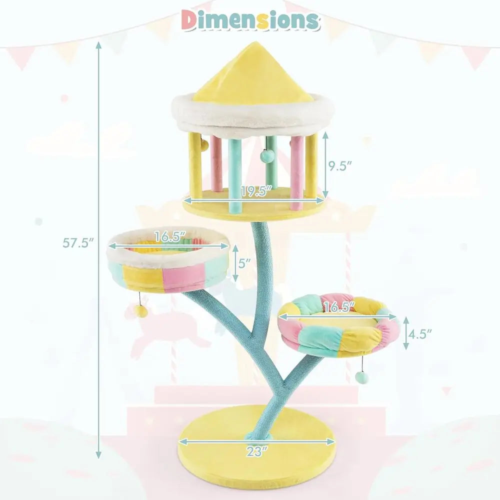 57.5 High Stylish Cat Tower with Paper Rope, Open-top Condo, Removable Perches, and Swinging Balls for Indoor Play