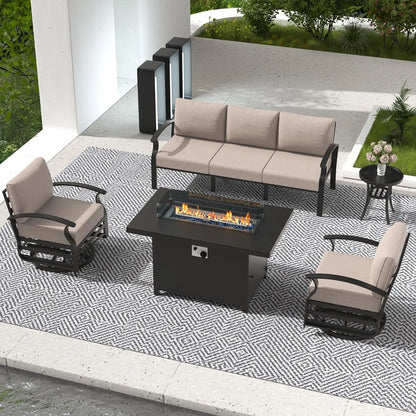 Aluminum Patio Furniture Set with Fire Pit Table, Swivel Chair Metal Patio Sectional Sofa with Upgrade Cushions for Patio