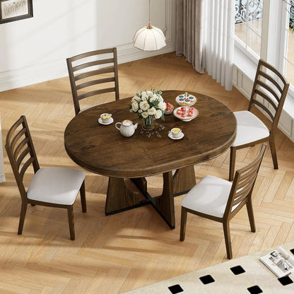 5-piece retro functional dining set, solid wood extendable dining table with a 16-inch leaf and 4 upholstered chairs