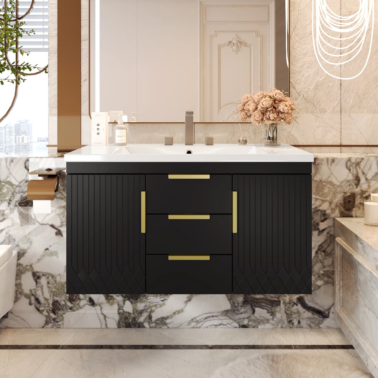 36'' Wall Mounted Bathroom Vanity without Sink, Floating Bathroom Storage Cabinet with 2 Drawers, Solid Wood Bathroom Cabinet