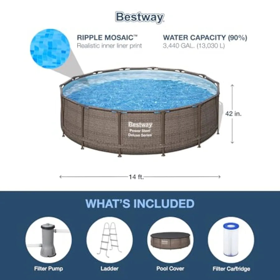 Backyard outdoor swimming pool set: Power Steel round above-ground pool, 14 x 42, steel frame, blue, includes 1, 000 GPH filter