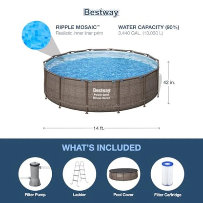 Backyard outdoor swimming pool set: Power Steel round above-ground pool, 14 x 42, steel frame, blue, includes 1, 000 GPH filter