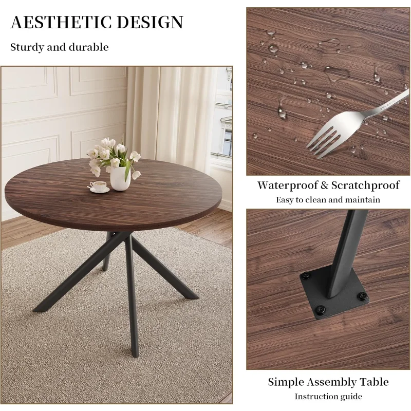 45.3 Inch Modern Round Dining Table for 4, Space-Saving Dinette with Carbon Steel Legs for Apartment(Walnut Table)