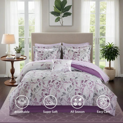 California King 9 Piece Botanical Comforter Set Cotton Bed in A Bag with Bedskirt Floral Design Elegant Shams Decorative Pillow