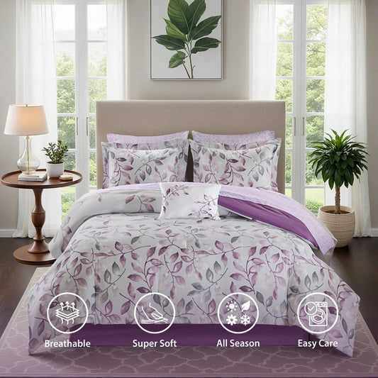California King 9 Piece Botanical Comforter Set Cotton Bed in A Bag with Bedskirt Floral Design Elegant Shams Decorative Pillow