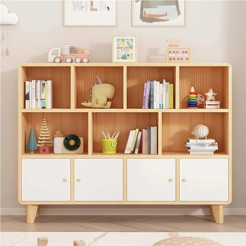 Three-tier wooden bookshelf, open cube low bookshelf with legs and drawers, cube storage