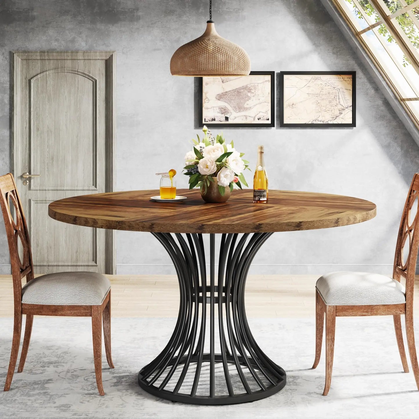 Round Dining Table for 4-6 People, 47-Inch Farmhouse Dinning Room Table Circle Kitchen Table, Industrial Dinner Table