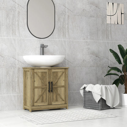 Pedestal Sink Storage Cabinet, Farmhouse Freestanding Bathroom Sink Cabinet with 2 Barn Doors and Adjustable Shelf, Distressed Light Gray