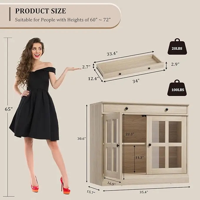 35.4" Oak Sideboard Buffet Cabinet with Glass Door & Drawer & Adjustable Shelf,Modern Storage Buffets & Sideboards for Kitchen