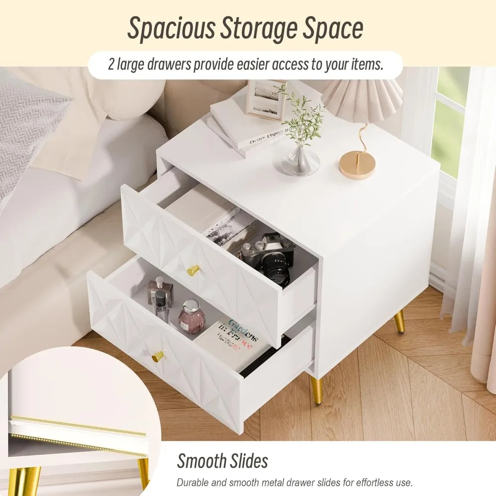 White Night Stand Set of 2, Wide Embossed Nightstand with 2 Drawers