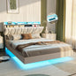 Queen Size Floating Bed Frame with Storage Headboard, Queen Bed Frame with LED Lights, Charging Station, Upholstered Pla