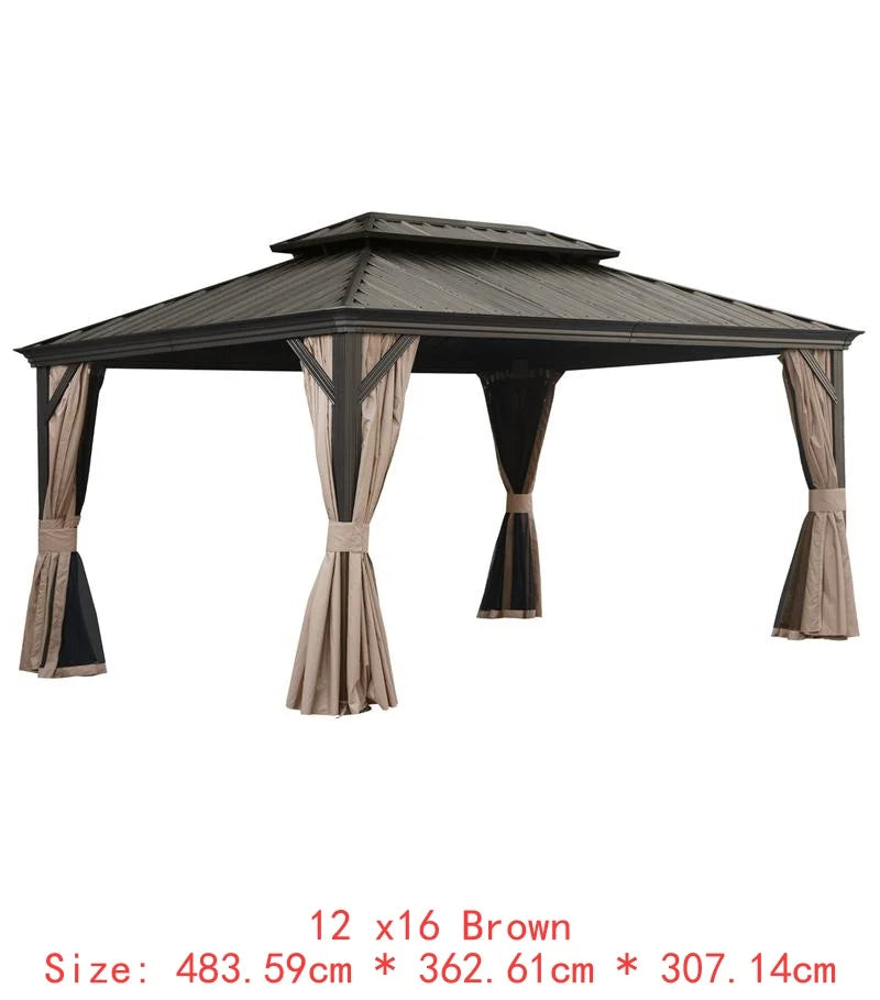 14x24 Hardtop Gazebo, Upgraded Metal Canopy with Drainage, Dual-Layer Galvanized Steel Roof, Includes Curtains & Netting,