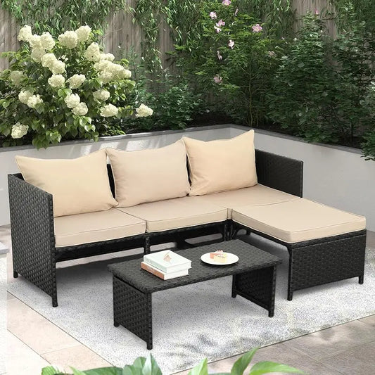 3-Piece Outdoor PE Rattan Furniture Set Patio Black Wicker Conversation Loveseat Sofa Sectional Couch Gray Cushion
