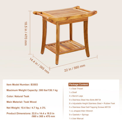 Bamboo Shower Bench 19.1x11.3x18.3 in Waterproof Shower Stool Chair with Storage Shelf 330lbs Load Capacity Spa Seat