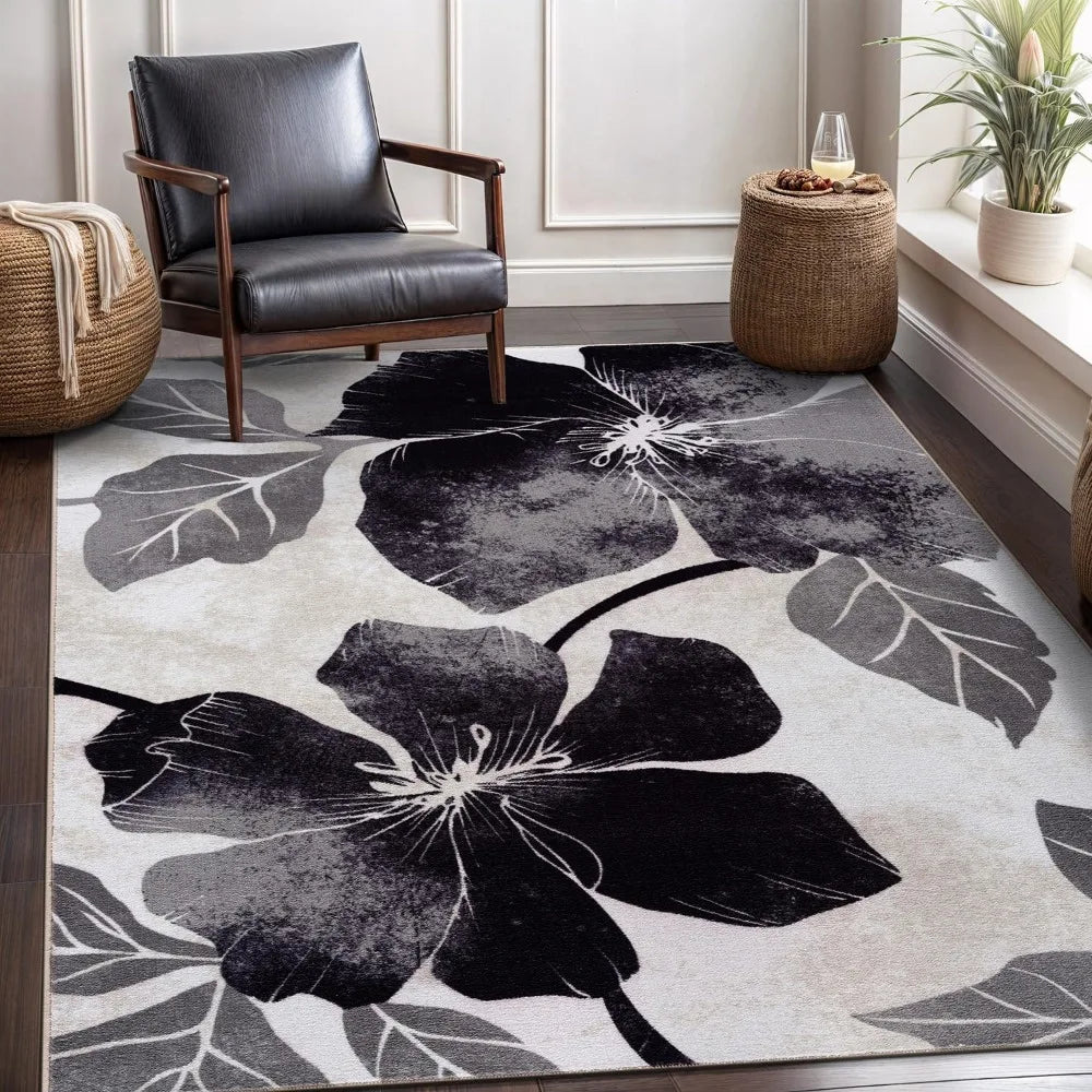 Solana Modern Floral 6'7" x 9'0" Area Rugs Non-Skid (Non-Slip) Rubber Backing Black Gray Flowers Indoor Rug