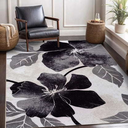 Solana Modern Floral 6'7" x 9'0" Area Rugs Non-Skid (Non-Slip) Rubber Backing Black Gray Flowers Indoor Rug