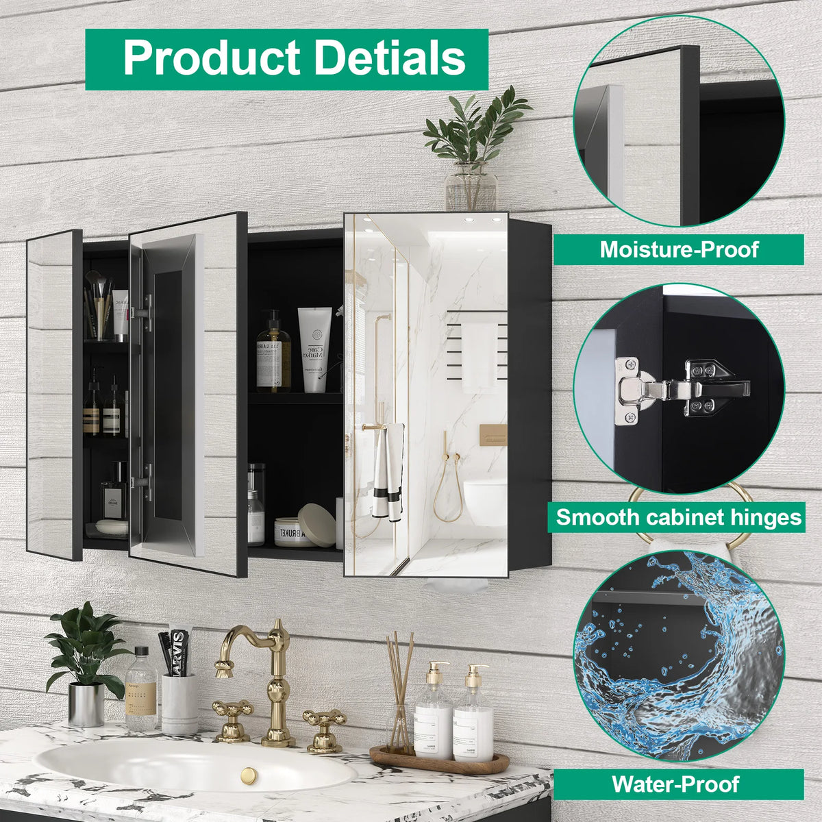 Large Wall Mounted Medicine Cabinet 3 Door Bathroom Mirror Storage Cabinet Modern Black Finish with Shelves