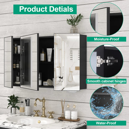 Large Wall Mounted Medicine Cabinet 3 Door Bathroom Mirror Storage Cabinet Modern Black Finish with Shelves