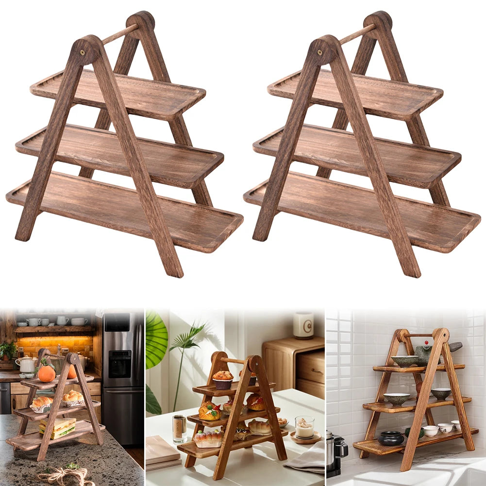 Wooden Serving Platter 3 Tier Serving Tray Multi-Function Rectangular Serving Stand Foldable Food Serving Rack serving rack