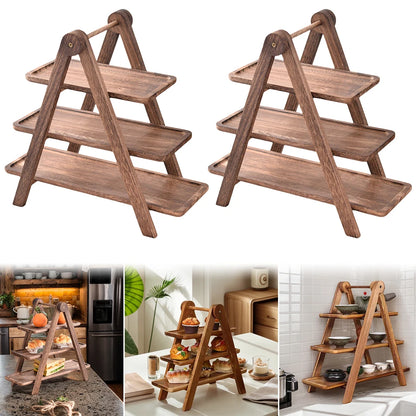 Wooden Serving Platter 3 Tier Serving Tray Multi-Function Rectangular Serving Stand Foldable Food Serving Rack serving rack