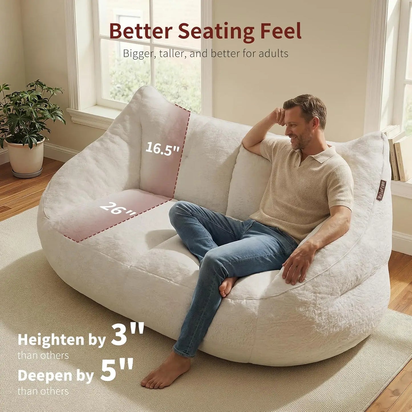 70.9" Oversized Bean Bag Loveseat Sofa, Plush Modern Boneless Couch for Living Room, Bedroom, Apartment - Cream White