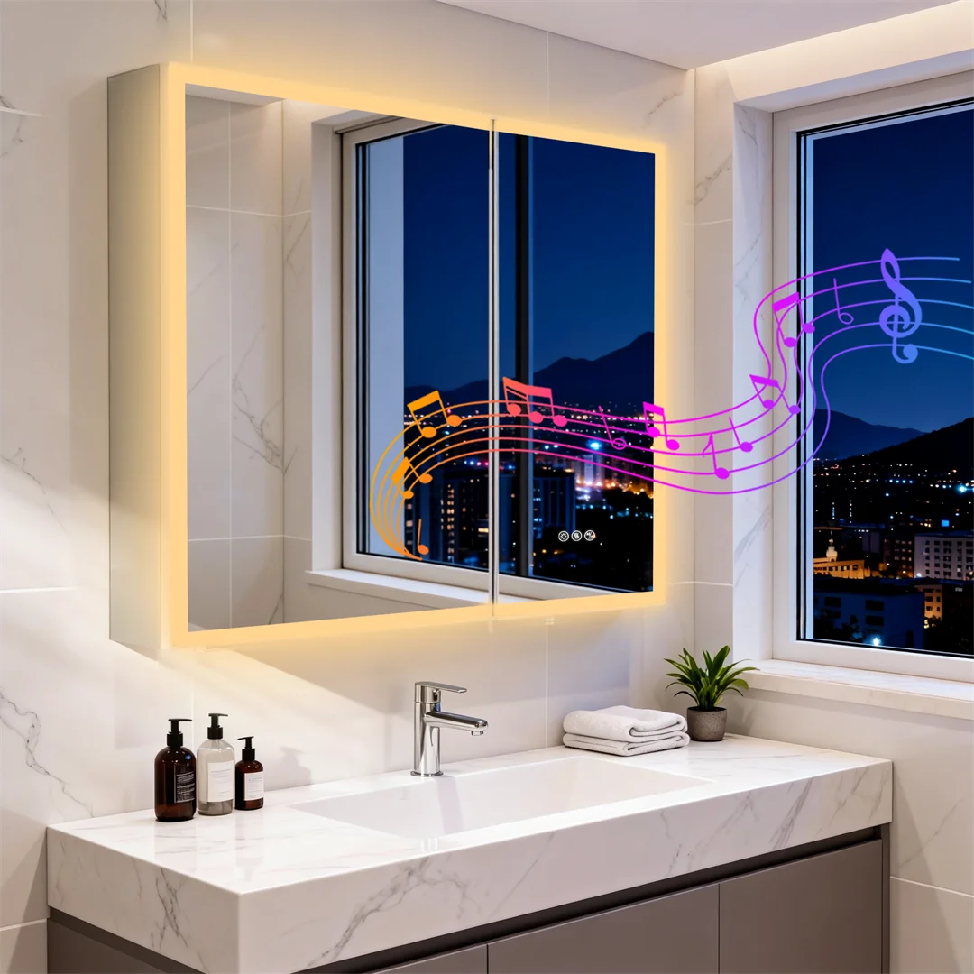 Lighted Bathroom Cabinet: Double Doors LED Lighted Mirror Bathroom Cabinet with Bluetooth Dual Speakers, Wall-Mounted Medicine C
