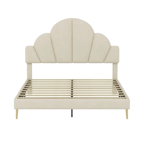 3 Pieces Bedroom Sets, Queen Size Modern Velvet Upholstered Bed Frame with Petal Shape Headboard, 3 Drawers Nightstands, Beige