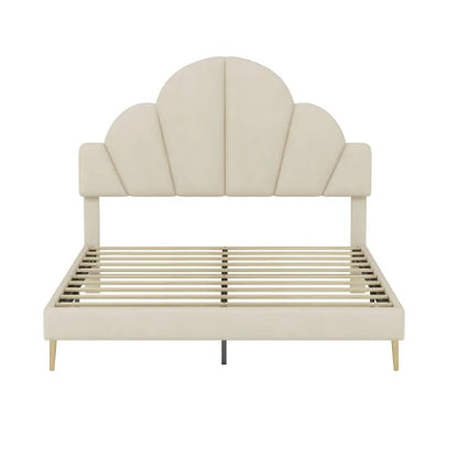 3 Pieces Bedroom Sets, Queen Size Modern Velvet Upholstered Bed Frame with Petal Shape Headboard, 3 Drawers Nightstands, Beige