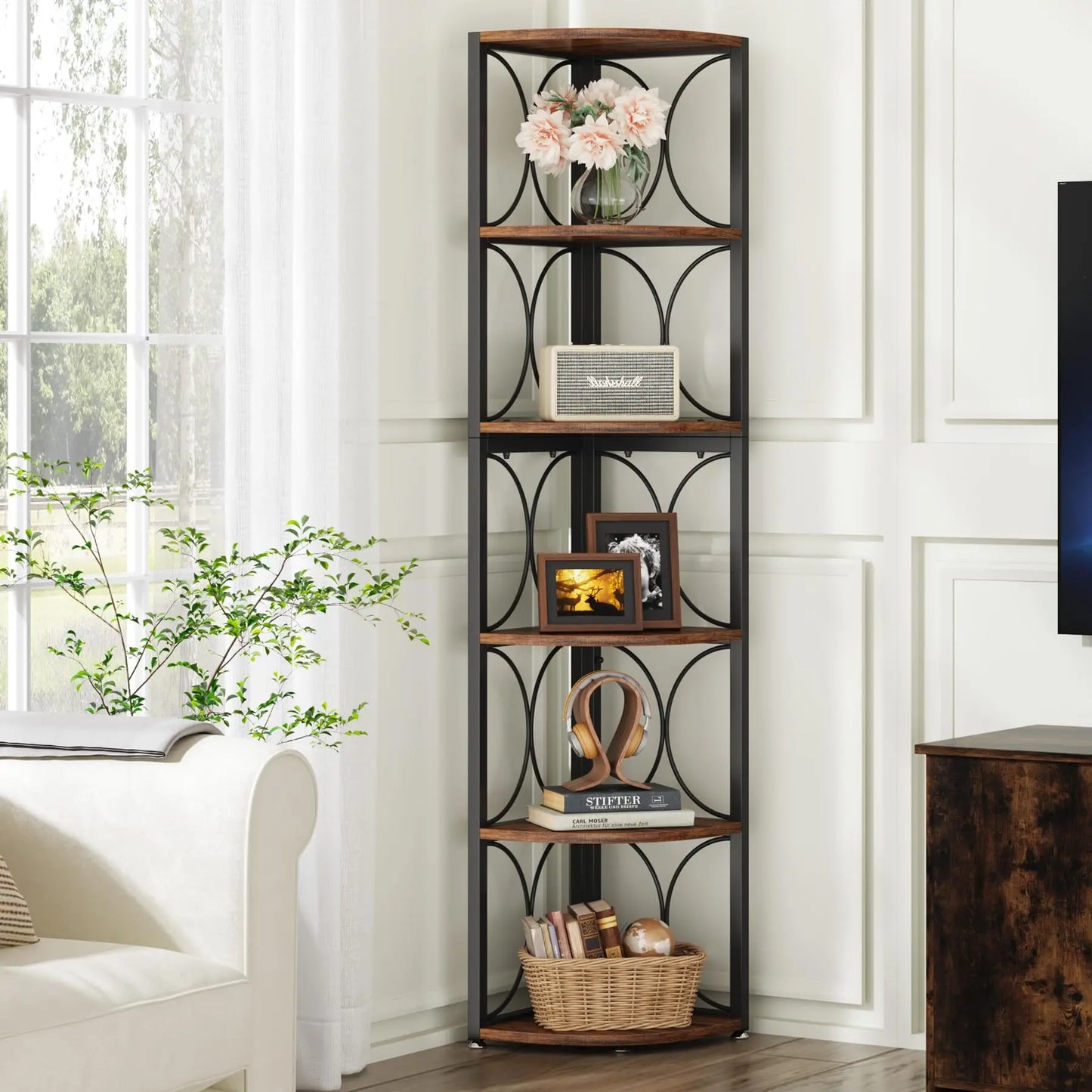 67 inch Tall Corner Shelf, 6 Tier Rustic Corner Bookshelf Bookcase Storage Rack Standing Shelving Unit