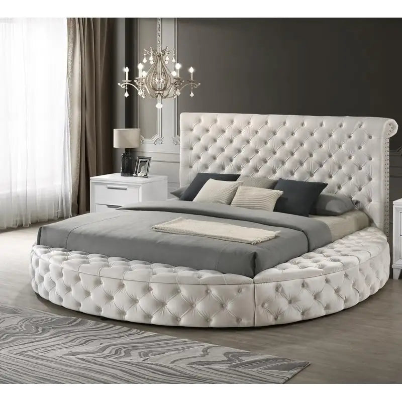 Queen Size Ivory Velvet Button-Tufted Storage Bed Set with 2 Nightstands - Wooden Bedroom Furniture 3pc Set