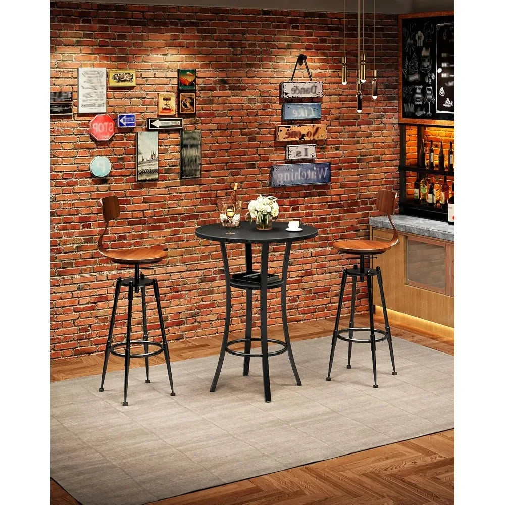 Round Bar Table, 2-Tier High Top & Counter Height Dining Table, for Bistro, Pub, Kitchen, Living Room, Rustic Brown and Black