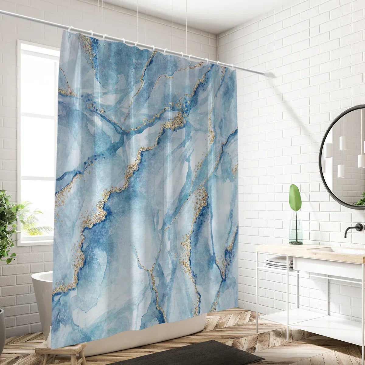1 piece of 180x180cm blue marble pattern digital printing shower curtain partition bathroom waterproof and mold resistant
