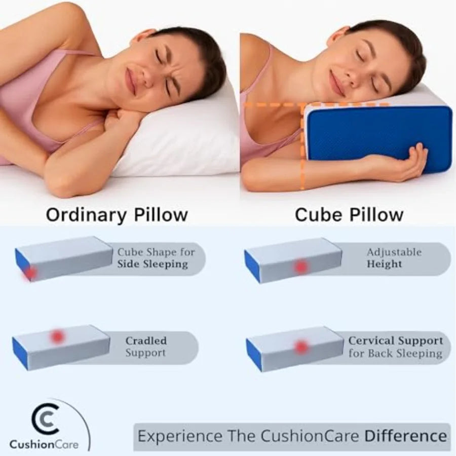 Cube Pillow for Side Sleepers Adjustable Height 4 5" Cooling Memory Foam Cervical Pillow for Neck and Shoulder Pain Relief Rect