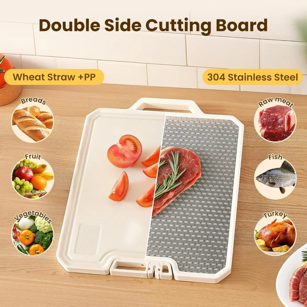Stainless Steel Cutting Boards for Kitchen,Double Side Food Grade Chopping Board,Stainless Steel and Wheat Straw PP,Dishwasher S