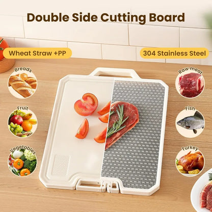 Stainless Steel Cutting Boards for Kitchen,Double Side Food Grade Chopping Board,Stainless Steel and Wheat Straw PP,Dishwasher S
