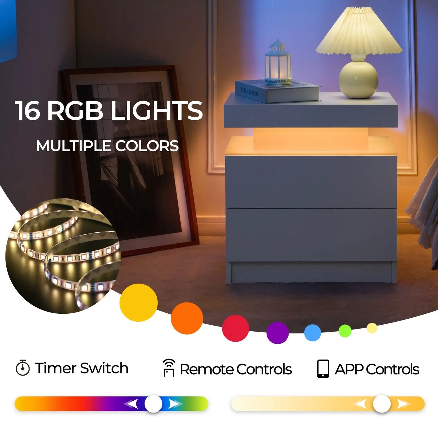 Nightstand Set of 2 LED Nightstand with 2 Drawers,Night Stand  with LED Light,Bedside Table with Drawers for Bedroom