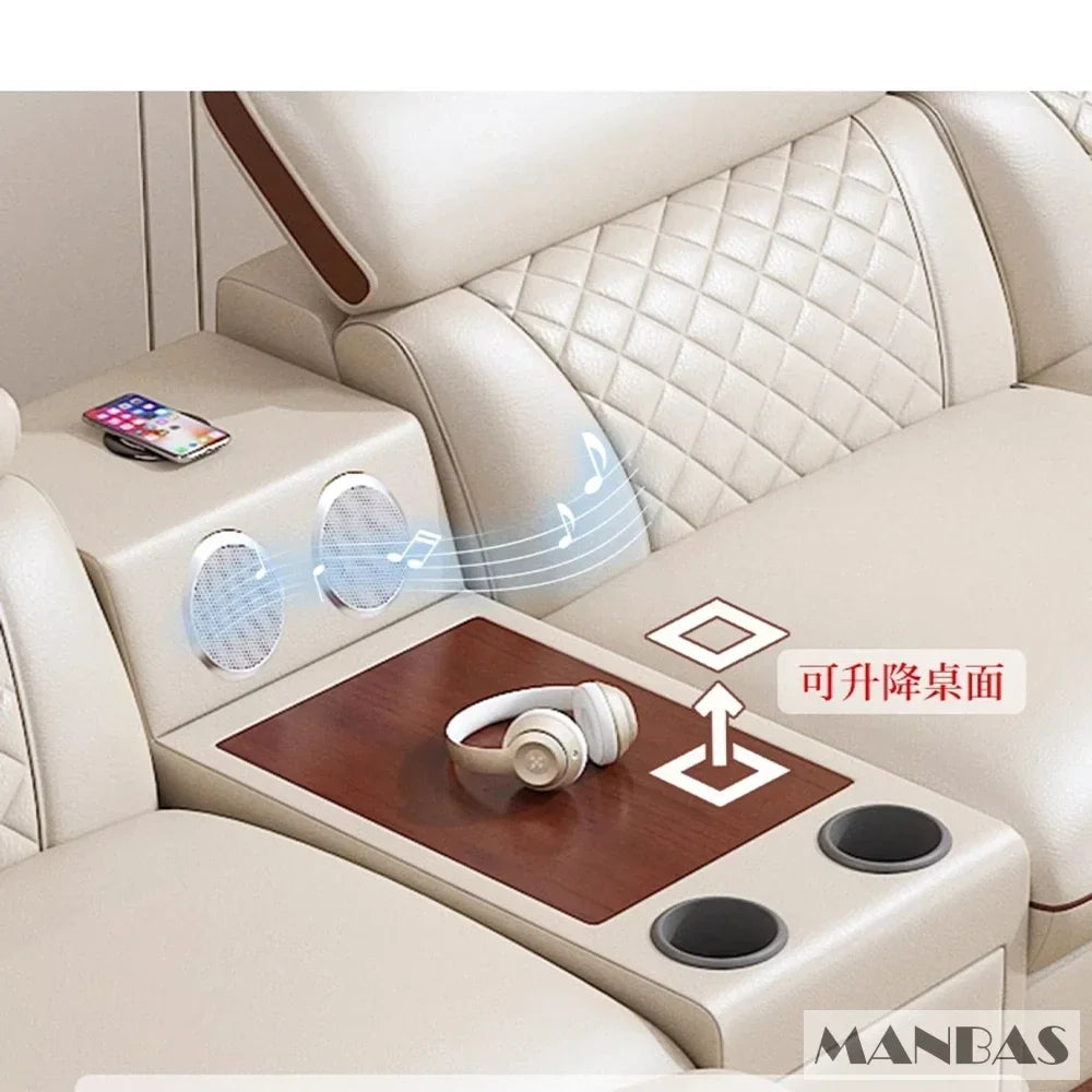 Premium Italian Genuine Leather Sofa Set for Living Room with Adjustable Headrests, Bluetooth Speaker, Wireless Charge