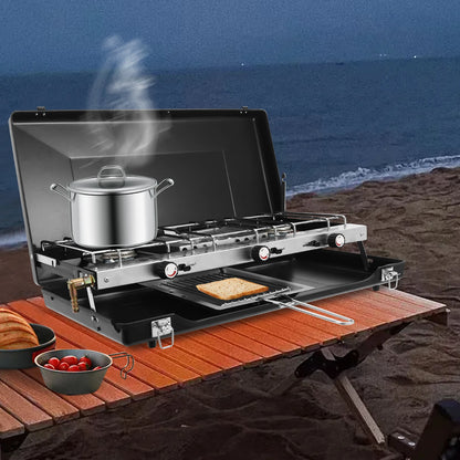 Camping Stove 3 Burner Propane Portable Stove with Regulator Toast Tray Windshield for Car Camping BBQ Picnics Outdoor Cooking
