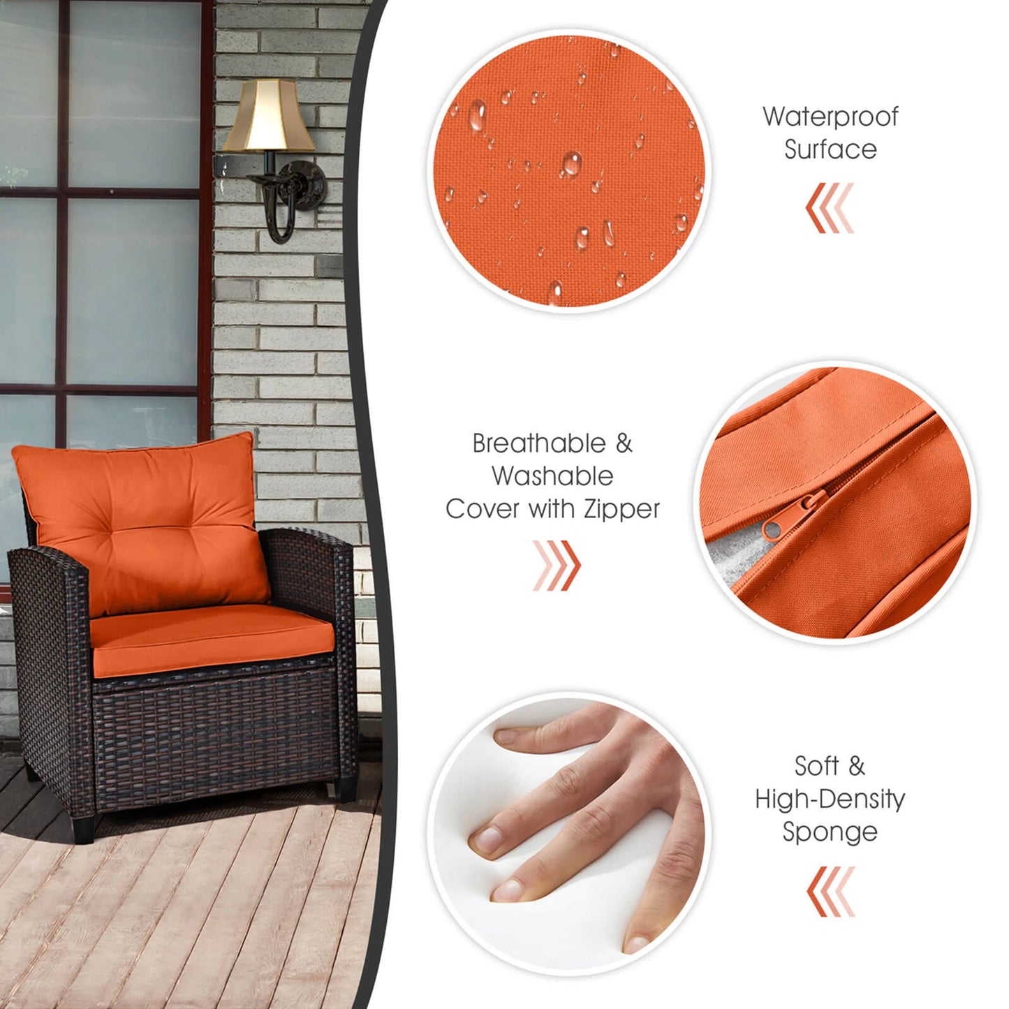 3 PCS Patio Rattan Furniture Set Cushioned Conversation Set  Orange
